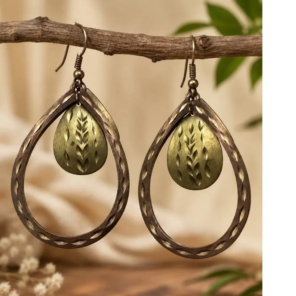 Vintage Mixed Metal Teardrop Dangle Earrings Boho Southwestern Rustic Jewelry